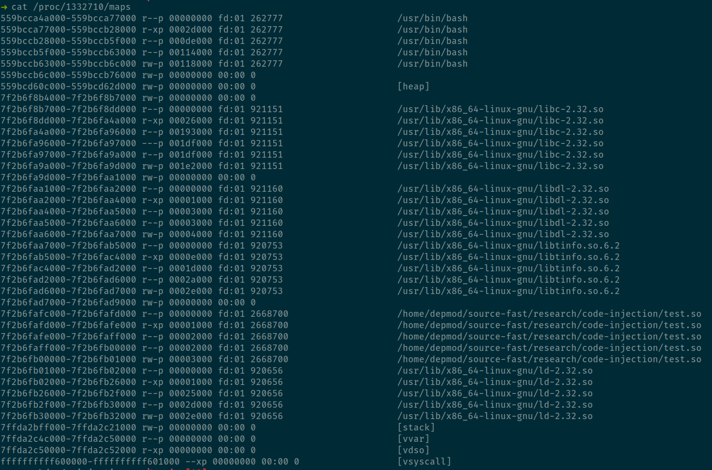 Injected code loaded into target address space